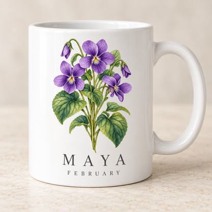February violet personalised birth flower name mug