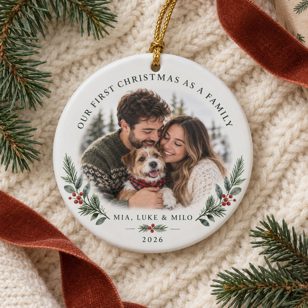 Personalised First Christmas as a Family ornament featuring a couple and their new dog
