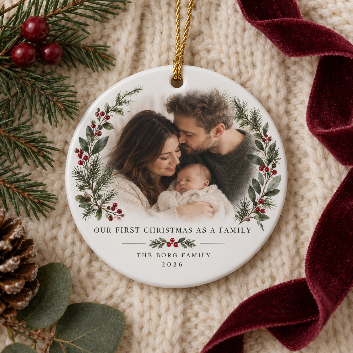 Round personalised First Christmas as a Family photo ornament with a new baby
