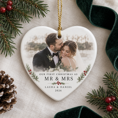 Heart-shaped First Christmas as Mr and Mrs newlywed photo ornament