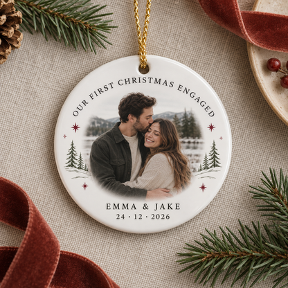 Round First Christmas Engaged personalised photo ornament