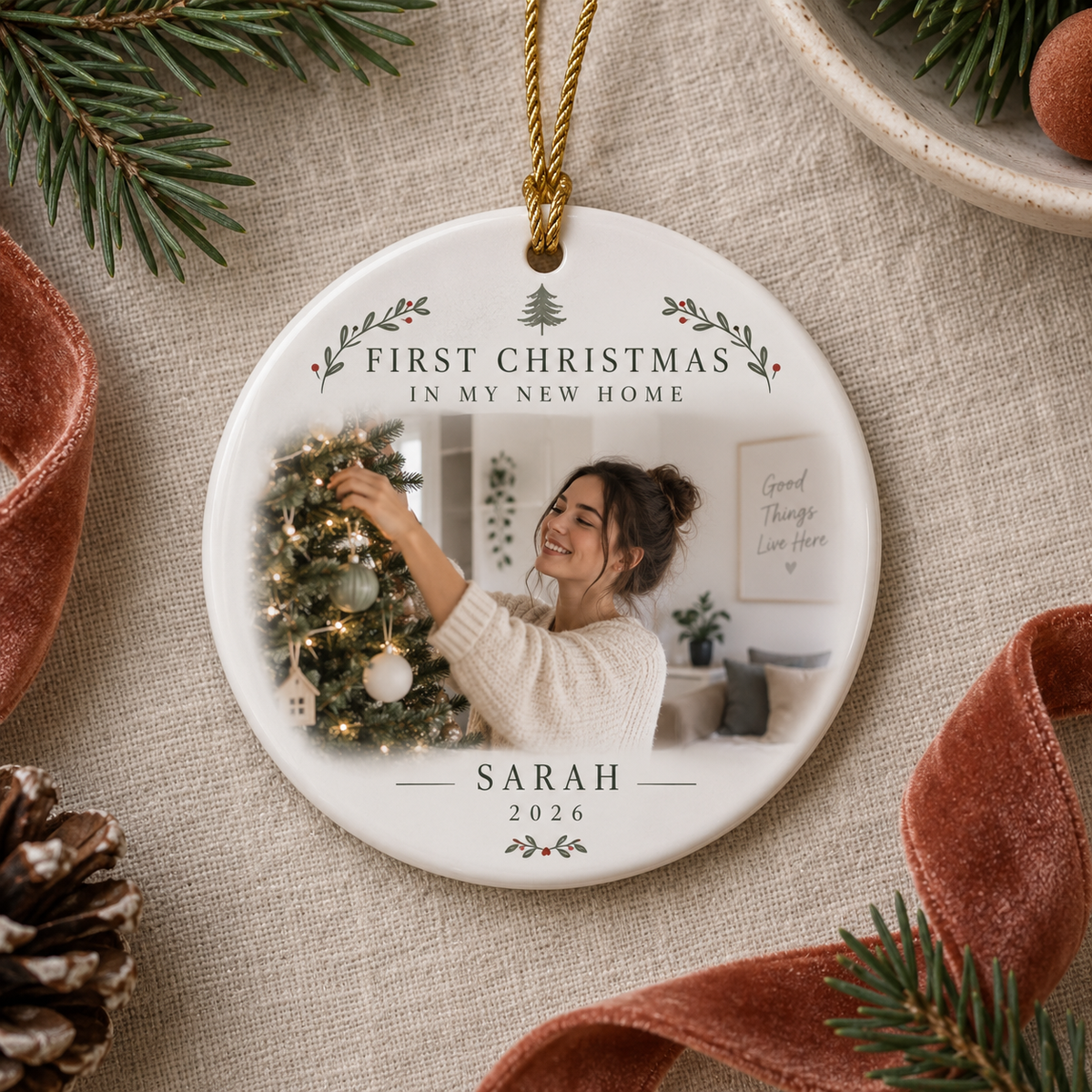 Personalised First Christmas in My New Home ornament featuring Sarah decorating her apartment