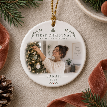 Personalised First Christmas in My New Home ornament featuring Sarah decorating her apartment