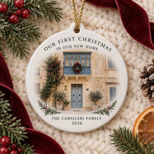 Round personalised First Christmas in Our New Home ornament featuring a Maltese limestone townhouse