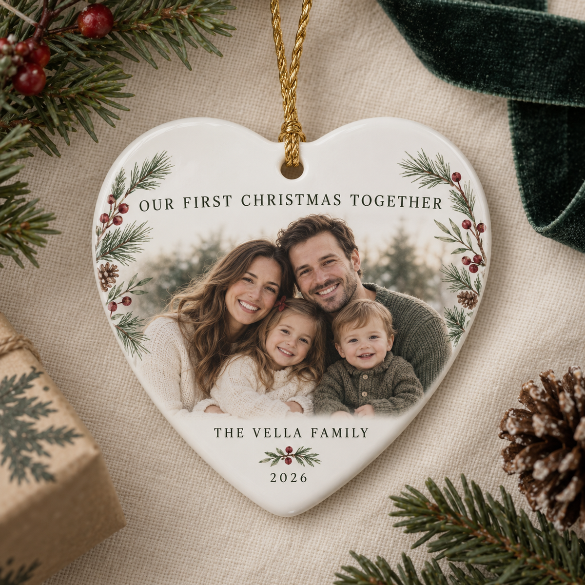 Heart-shaped personalised First Christmas Together ornament with a family-of-four photograph