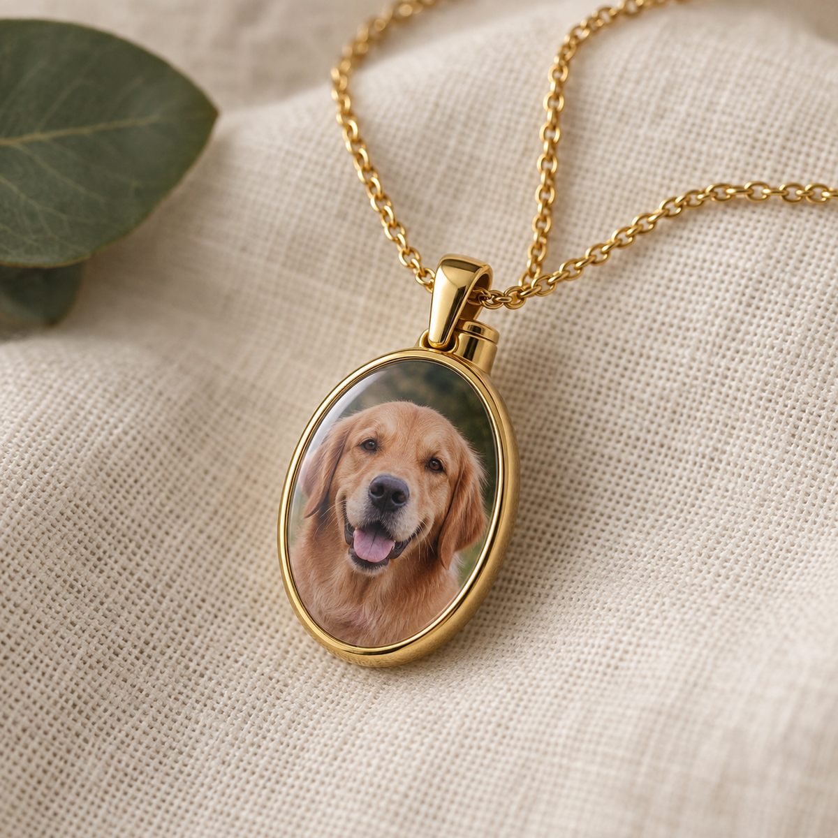 Gold pet keepsake pendant and chain with a dog photo insert