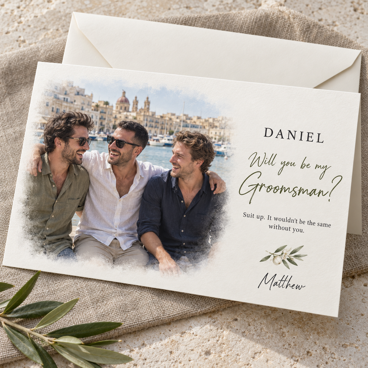 Personalised Groomsman proposal card with photo and custom wording