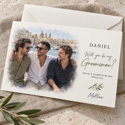 Personalised Groomsman proposal card with photo and custom wording