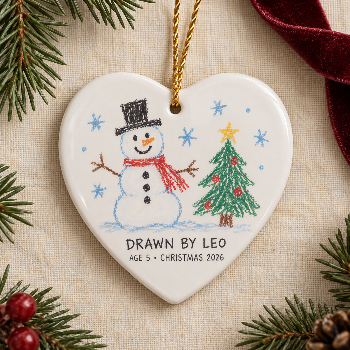 Heart-shaped ceramic ornament personalised with Leo's snowman drawing and age