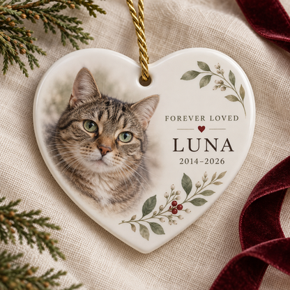 Heart-shaped personalised cat memorial ornament with Luna's photograph, name and remembrance dates