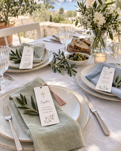 Personalised Holy Communion and Confirmation remembrance bookmarks displayed at celebration place settings