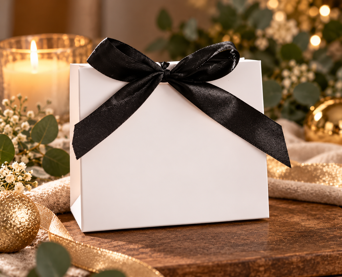 White gift box with black satin ribbon