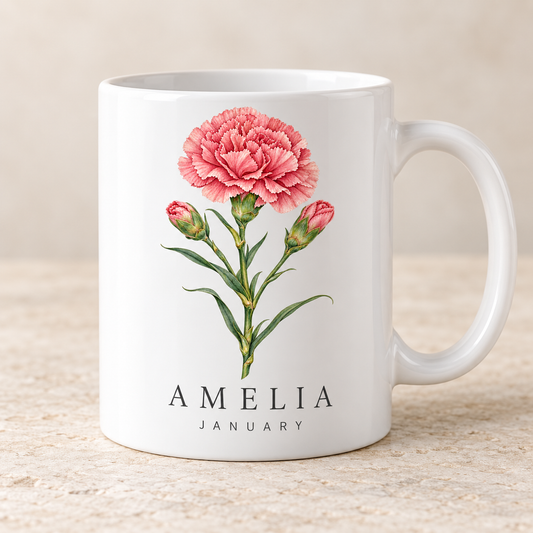 January carnation personalised birth flower name mug