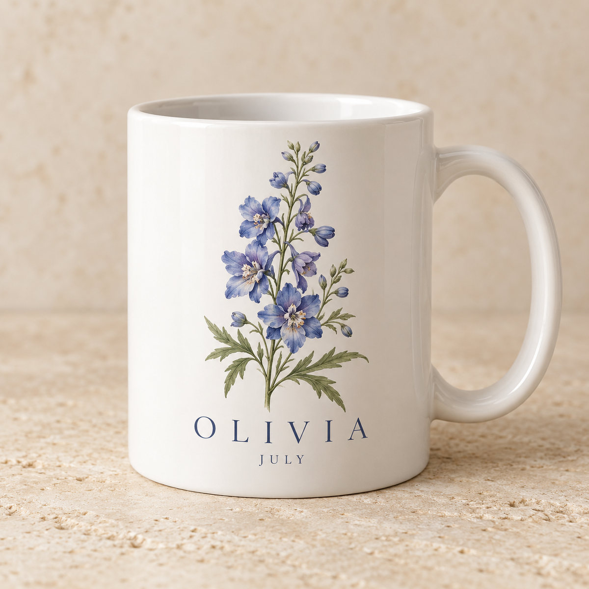 July larkspur personalised birth flower name mug