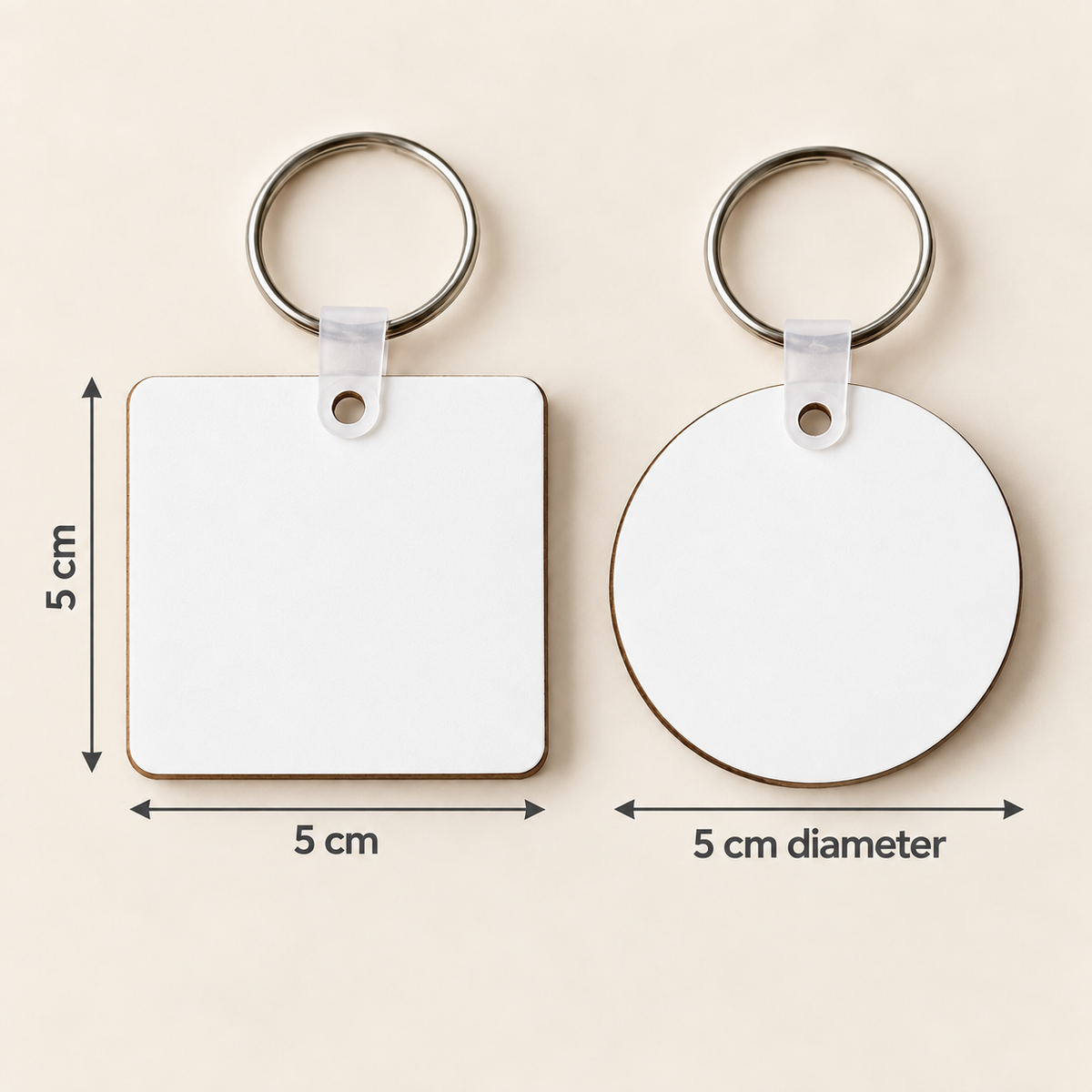Blank keychain size guide showing 5 by 5 centimetre square and 5 centimetre round shapes