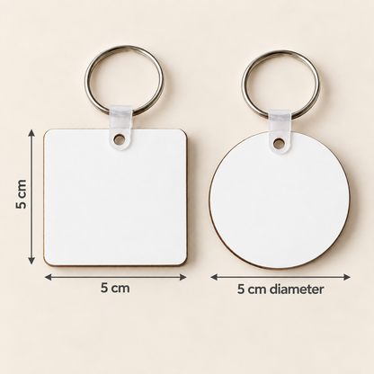 Blank keychain size guide showing 5 by 5 centimetre square and 5 centimetre round shapes