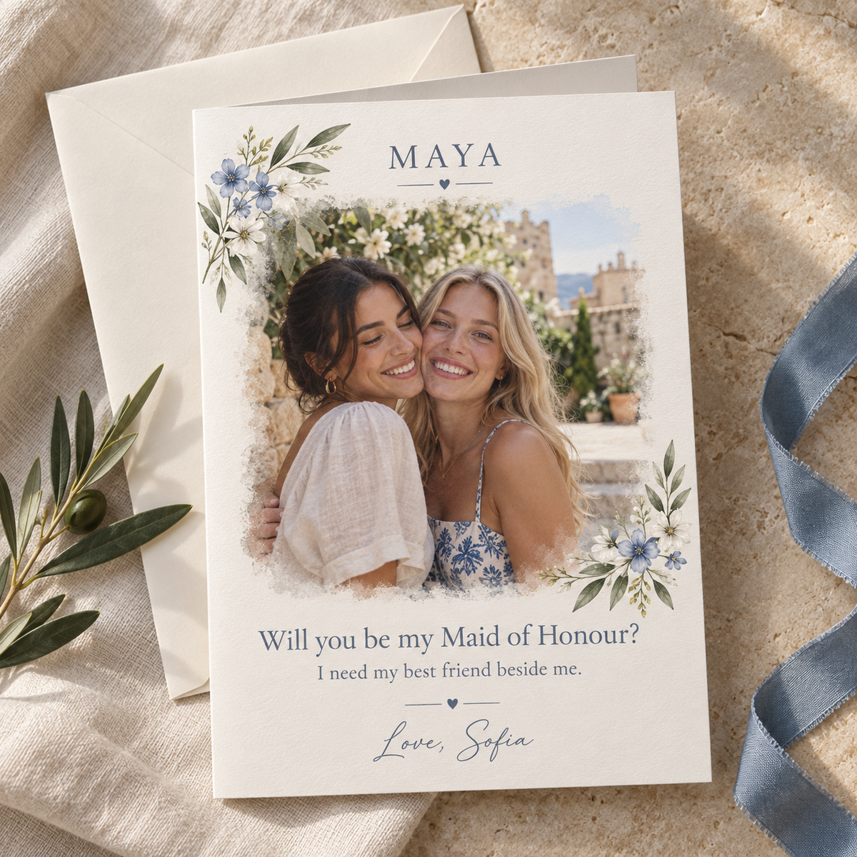 Personalised Maid of Honour proposal card with faded photo and flowers