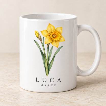 March daffodil personalised birth flower name mug