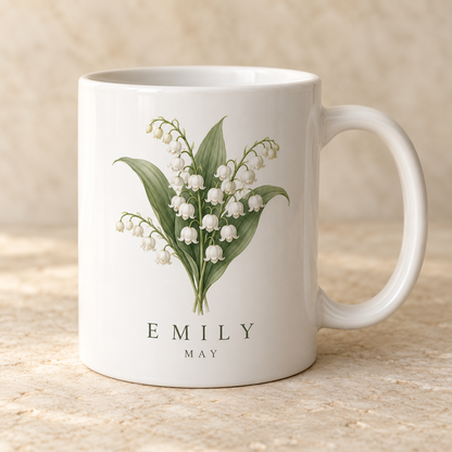 May lily of the valley personalised birth flower name mug