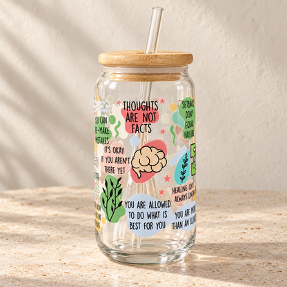 Mental health awareness glass tumbler with bamboo lid and clear glass straw