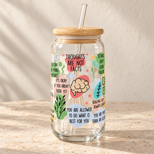 Mental health awareness glass tumbler with bamboo lid and clear glass straw