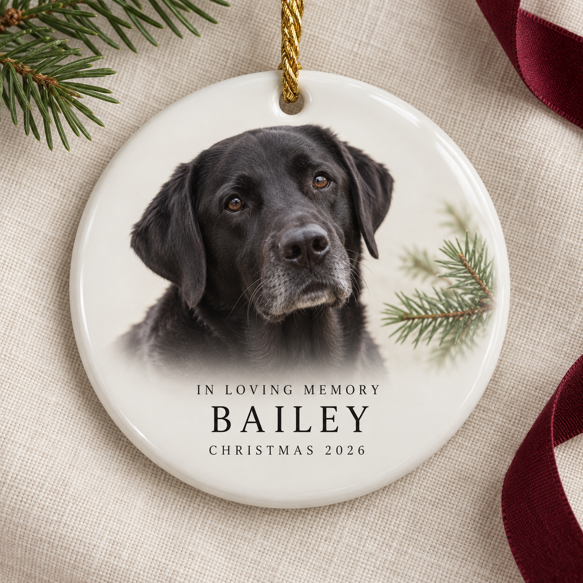 Minimal round dog memorial Christmas ornament personalised with Bailey's photograph and name