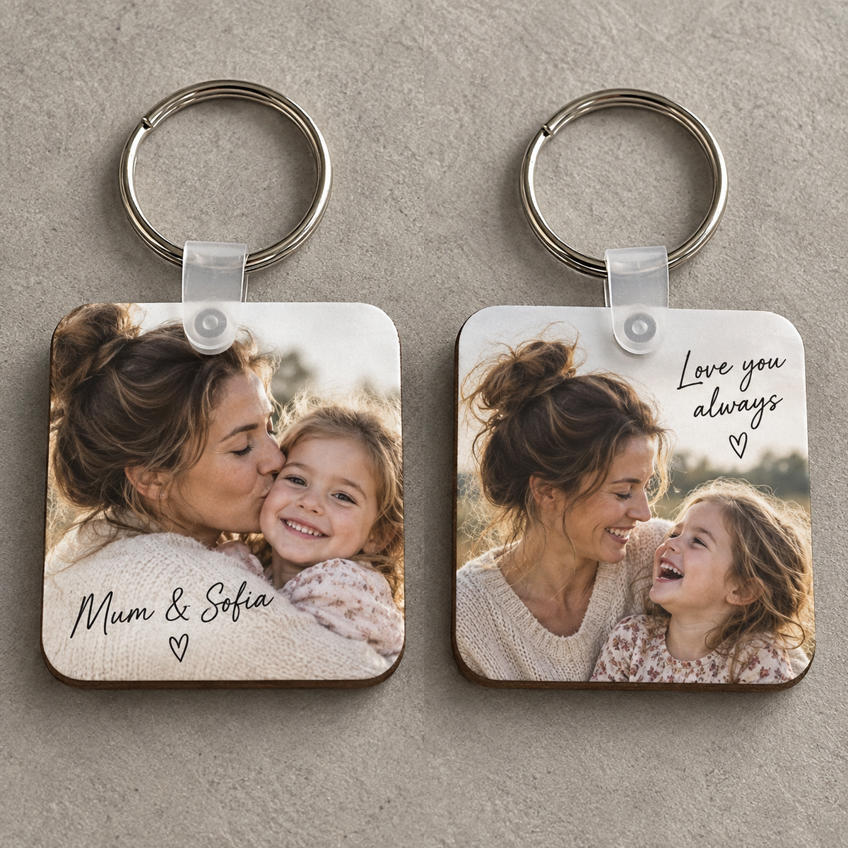 Double-sided personalised mother and daughter photo and message keychain