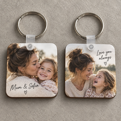 Double-sided personalised mother and daughter photo and message keychain
