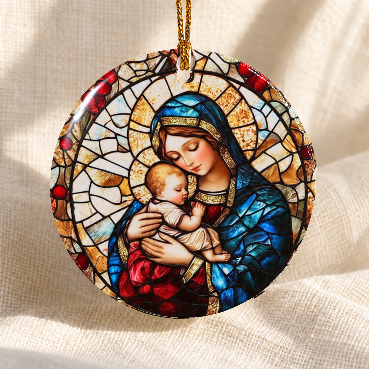 Stained glass-style Nativity ceramic ornament - Design 1 - centred edge-to-edge print