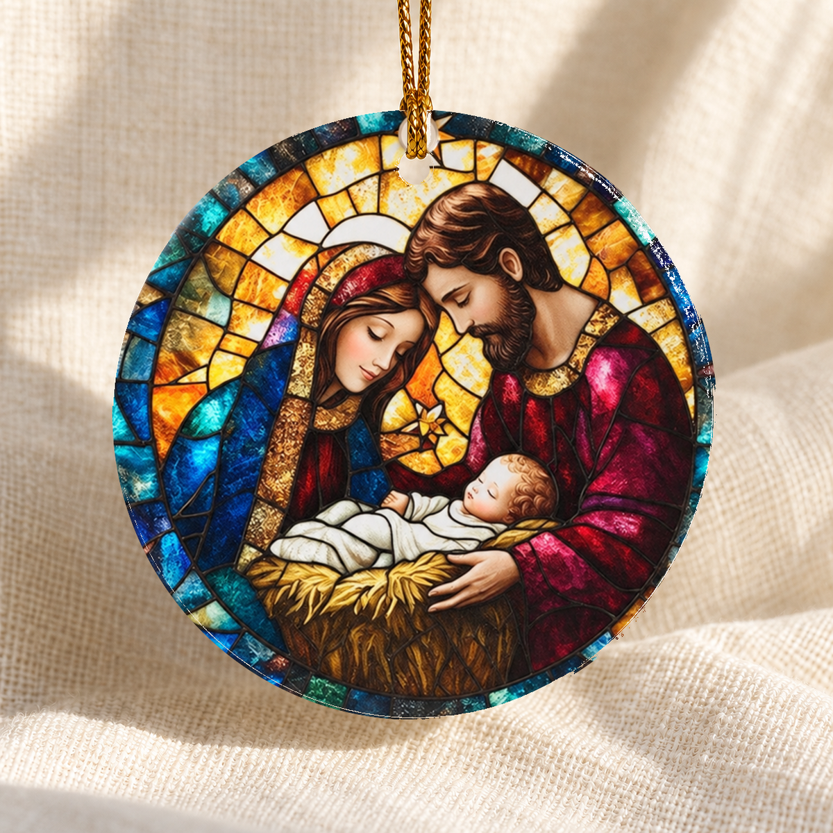 Stained glass-style Nativity ceramic ornament - Design 2 - centred edge-to-edge print