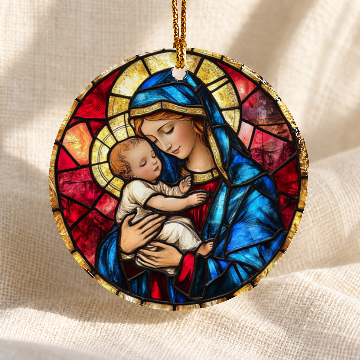 Stained glass-style Nativity ceramic ornament - Design 3 - centred edge-to-edge print