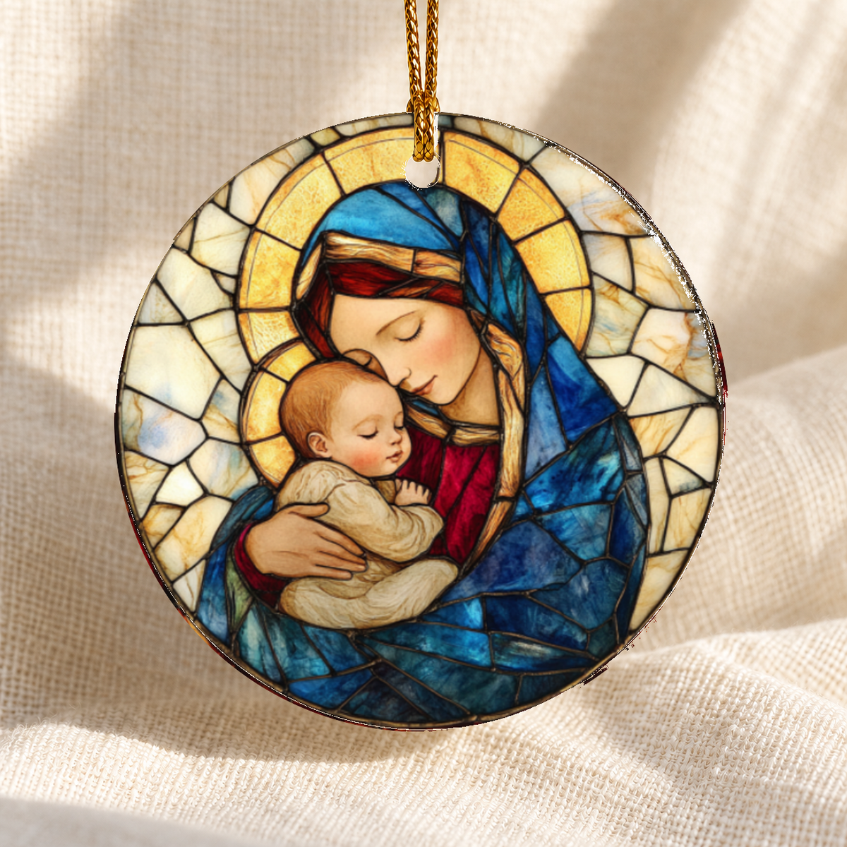 Stained glass-style Nativity ceramic ornament - Design 5 - centred edge-to-edge print