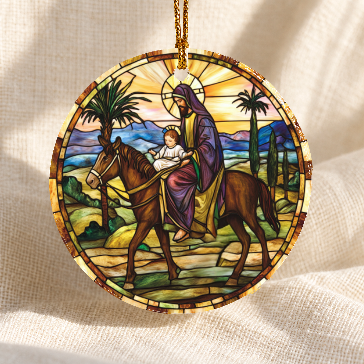 Stained glass-style Nativity ceramic ornament - Design 7 - centred edge-to-edge print