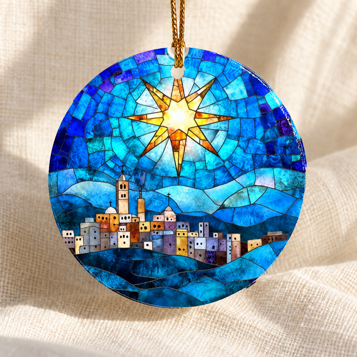 Stained glass-style Nativity ceramic ornament - Design 8 - centred edge-to-edge print