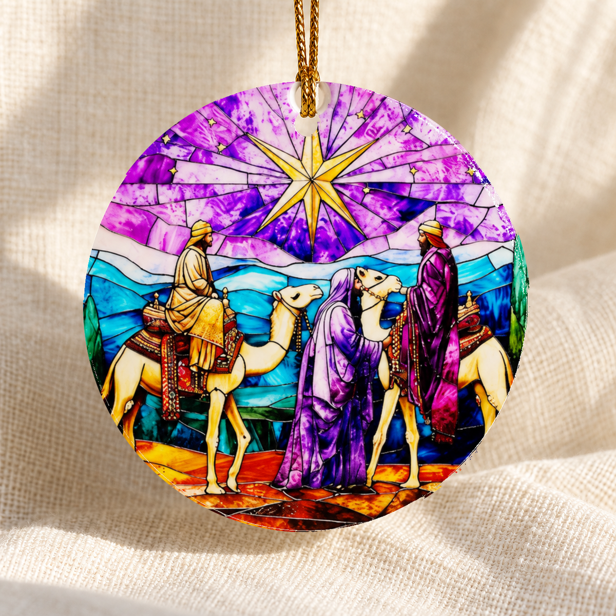 Stained glass-style Nativity ceramic ornament - Design 9 - centred edge-to-edge print