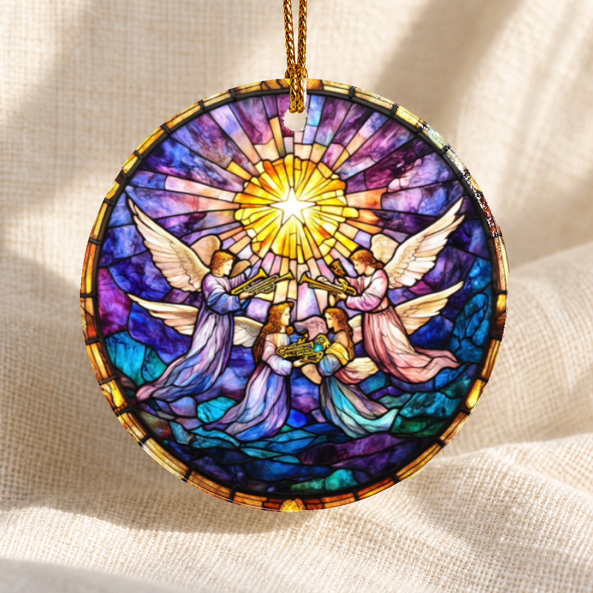 Stained glass-style Nativity ceramic ornament - Design 11 - centred edge-to-edge print