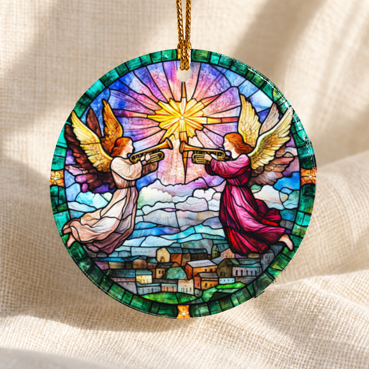 Stained glass-style Nativity ceramic ornament - Design 12 - centred edge-to-edge print