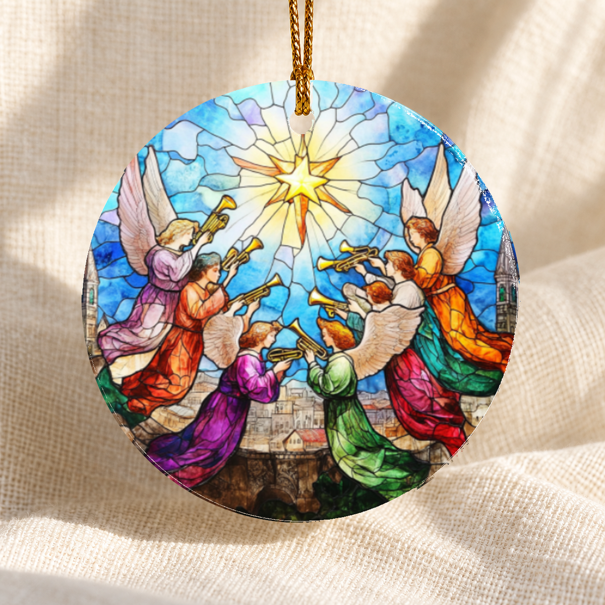 Stained glass-style Nativity ceramic ornament - Design 13 - centred edge-to-edge print