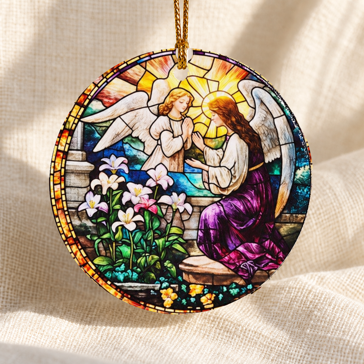 Stained glass-style Nativity ceramic ornament - Design 14 - centred edge-to-edge print