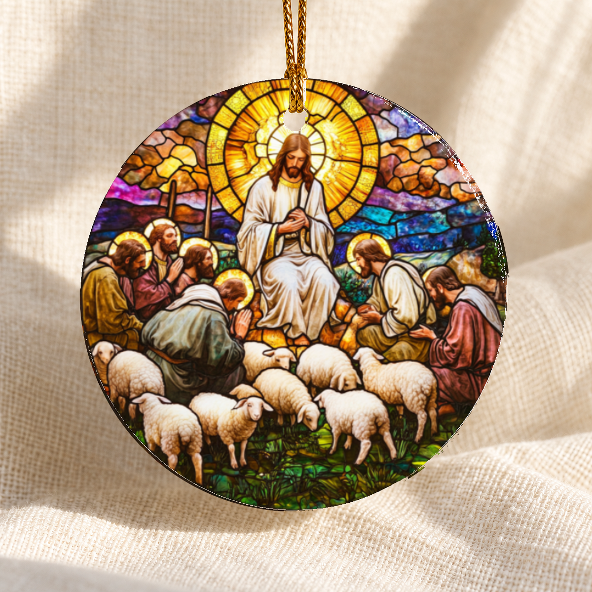 Stained glass-style Nativity ceramic ornament - Design 17 - centred edge-to-edge print