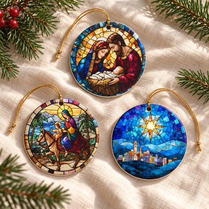 Three stained glass-style Nativity ceramic ornament designs with gold cords