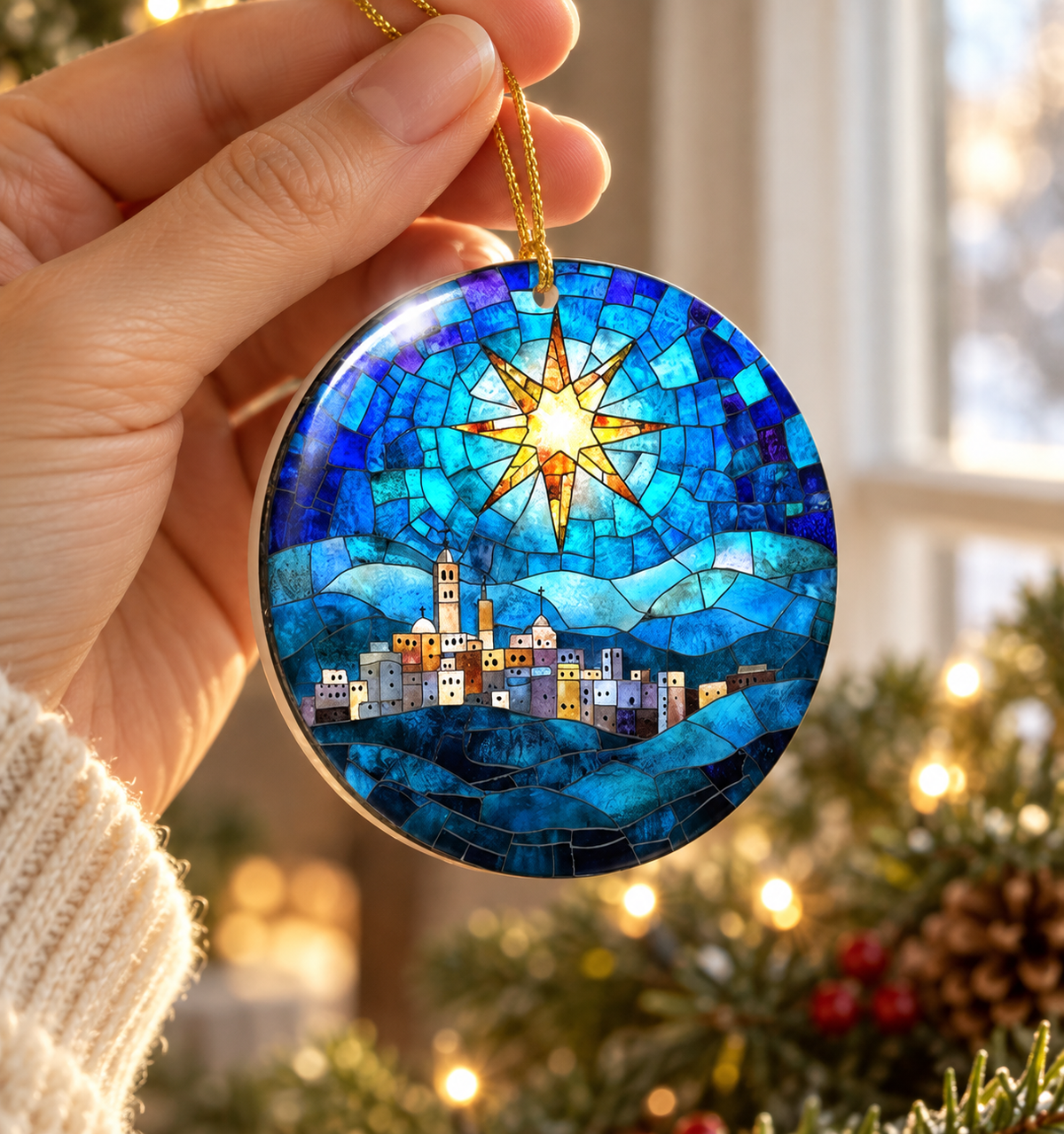 Blue Nativity star ceramic ornament showing its glossy finish and gold cord