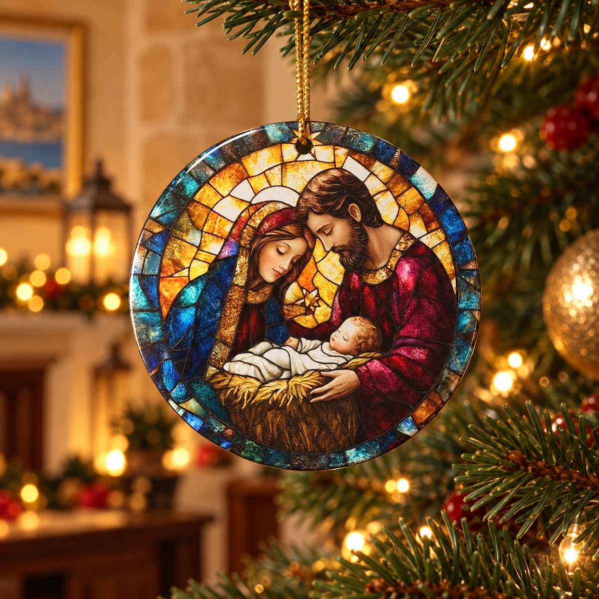 Stained glass-style Nativity ceramic ornament hanging on a Christmas tree