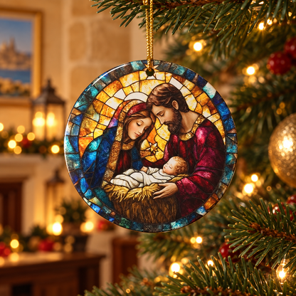 Stained glass-style Nativity ceramic ornament hanging on a Christmas tree