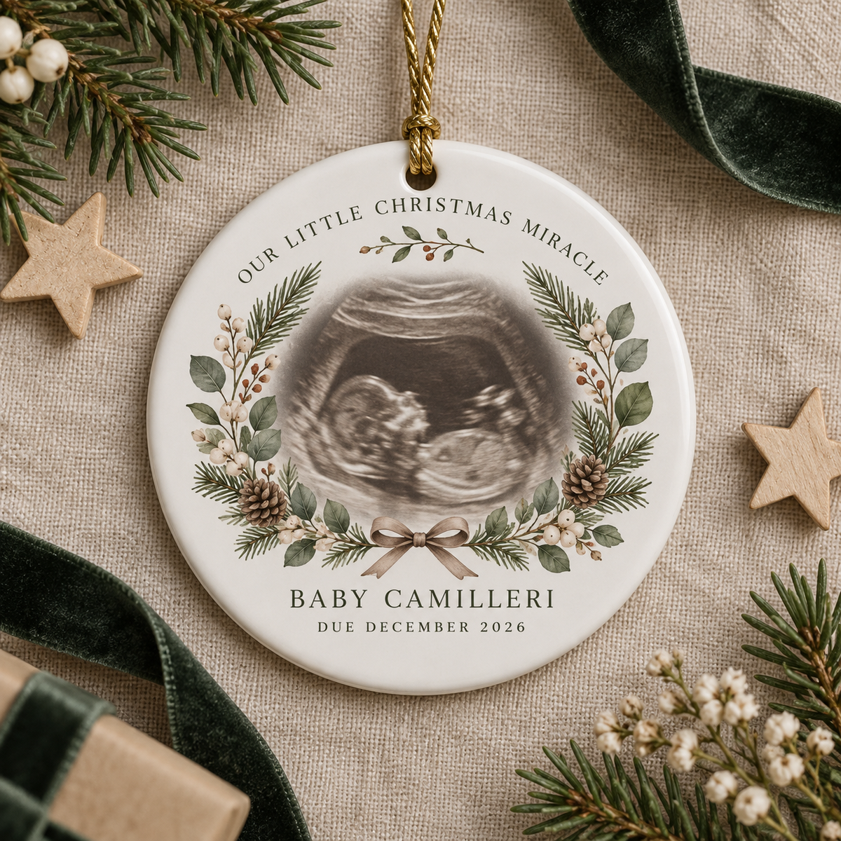 Gender-neutral personalised Christmas ornament featuring an ultrasound scan and due date