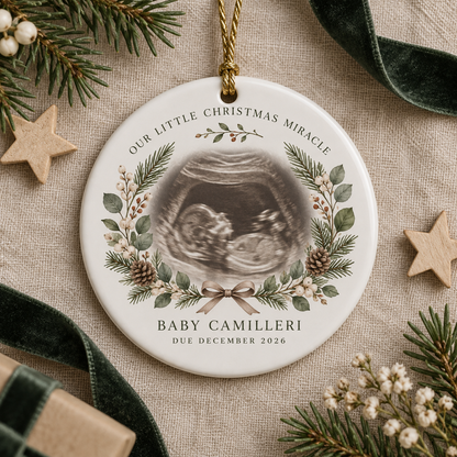 Gender-neutral personalised Christmas ornament featuring an ultrasound scan and due date