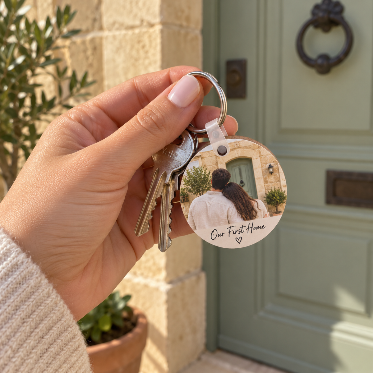 Personalised new home photo keychain held with house keys
