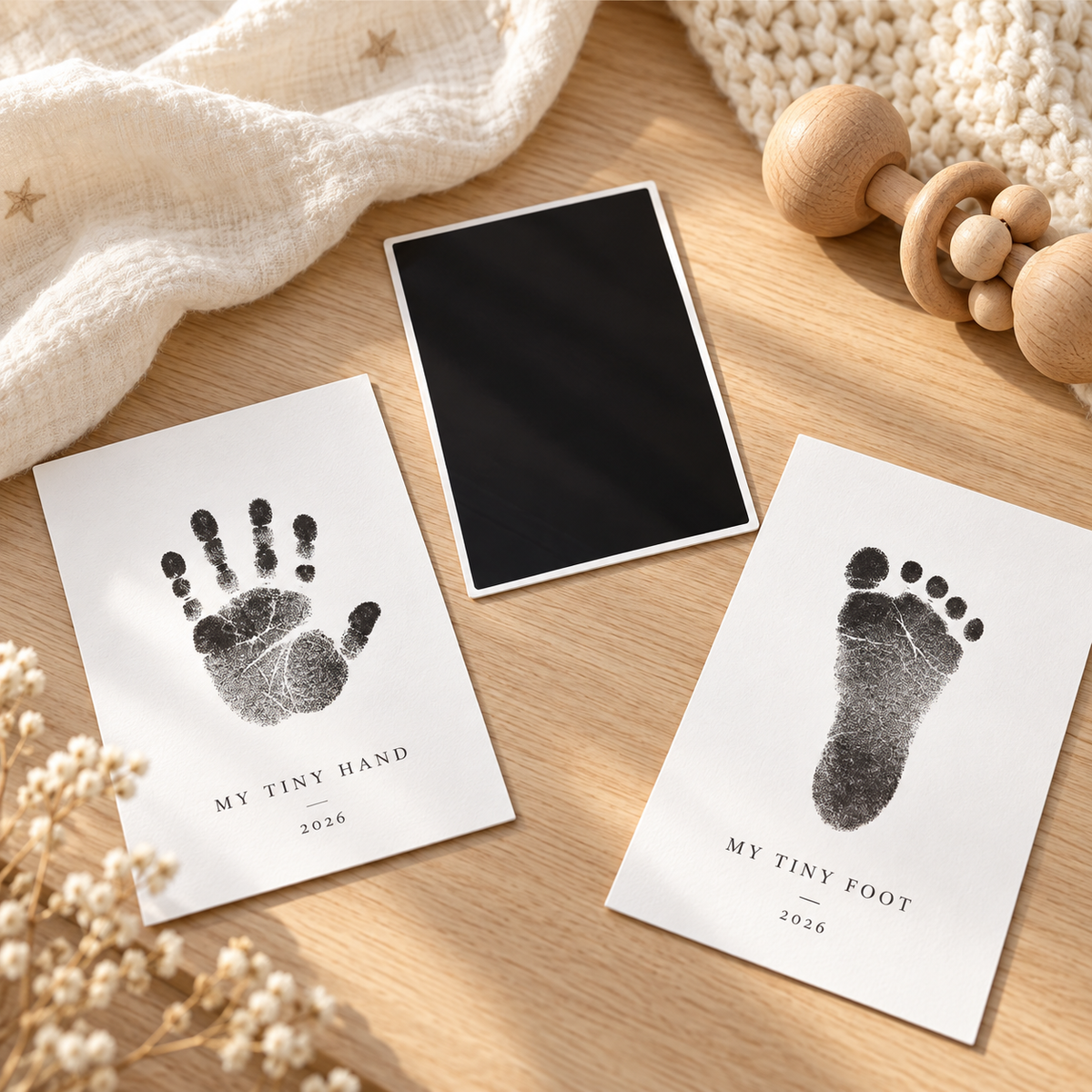 Thin no-contact newborn hand and footprint transfer pad with baby print keepsake cards
