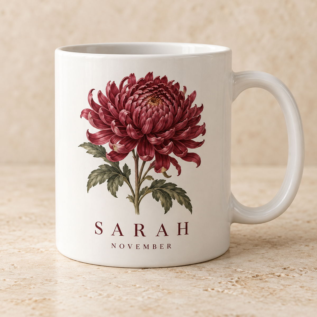 November chrysanthemum personalised birth flower name mug