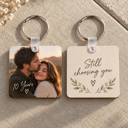 Double-sided anniversary photo and message keychain example